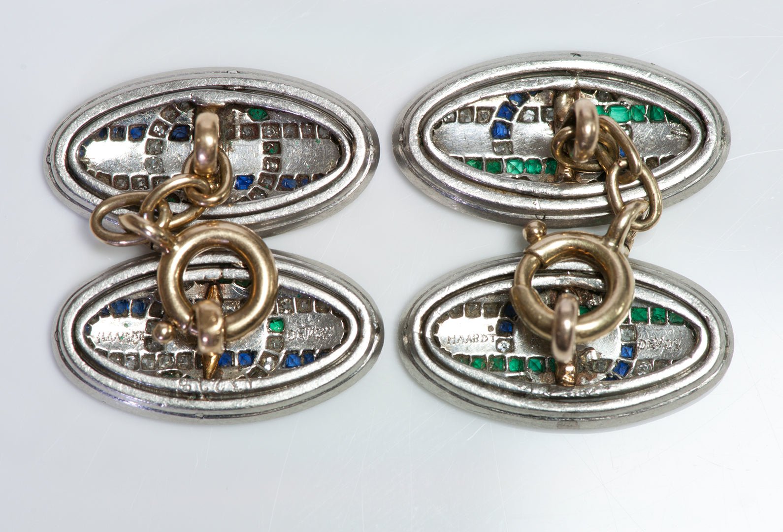 Haardt Davos Antique Platinum Emerald Sapphire & Diamond Cufflink & Stud Set