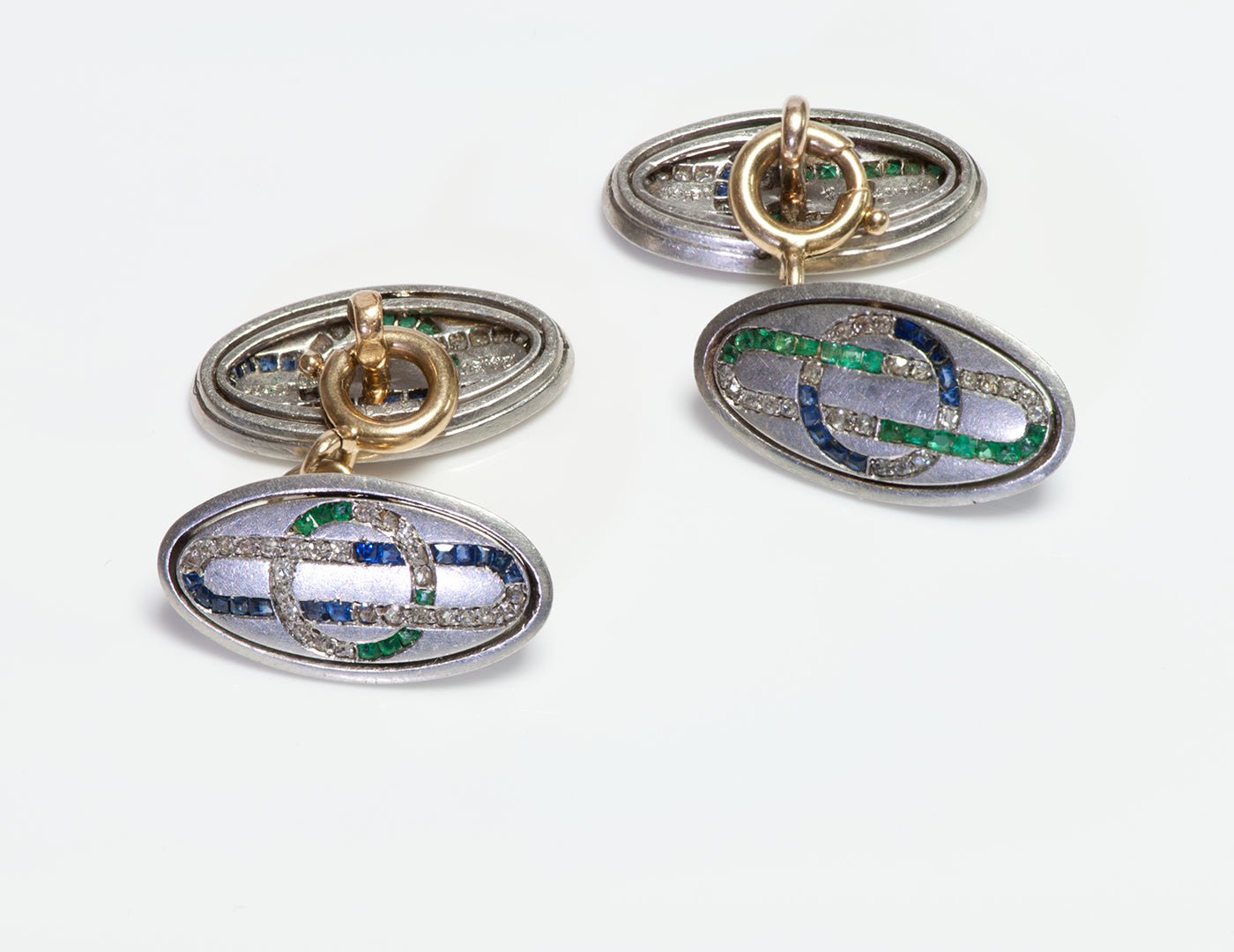 Haardt Davos Antique Platinum Emerald Sapphire & Diamond Cufflink & Stud Set