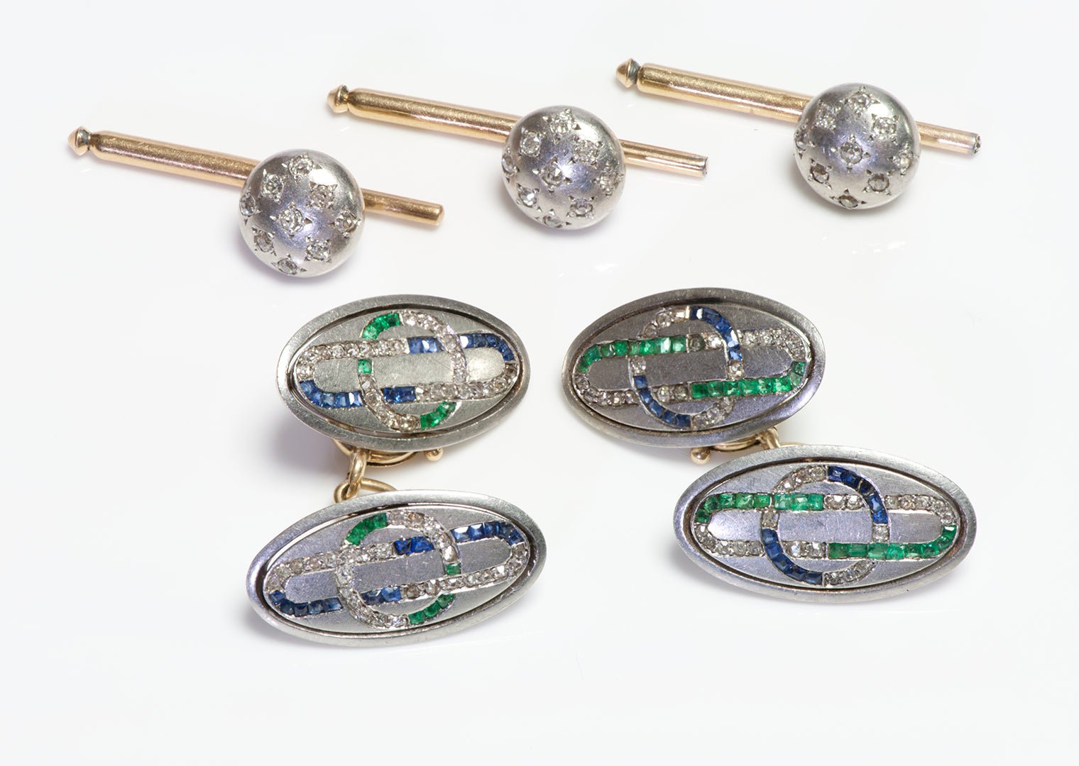 Haardt Davos Antique Platinum Emerald Sapphire & Diamond Cufflink & Stud Set
