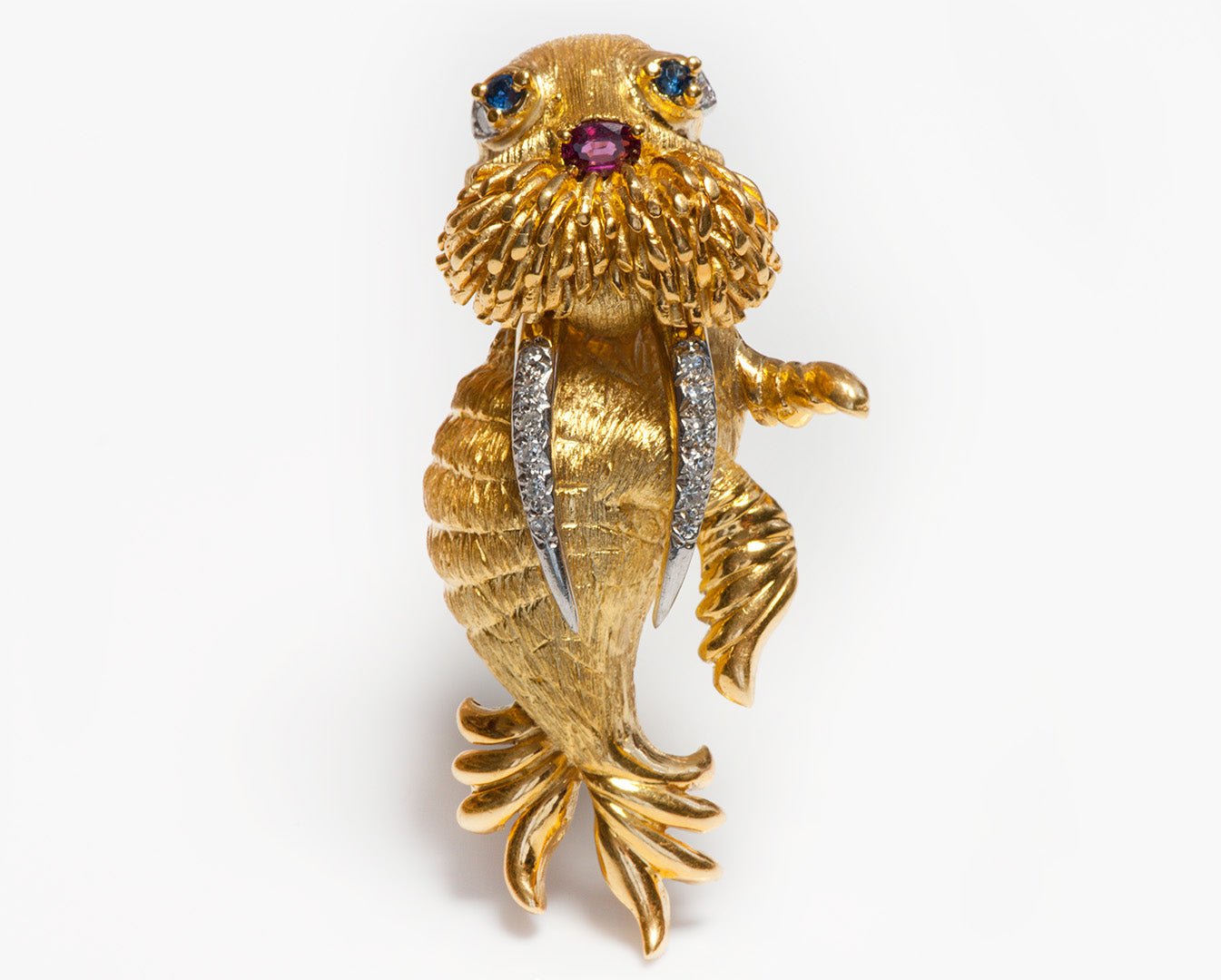 Hammerman Brothers 18K Gold Diamond Ruby Sapphire Walrus Brooch