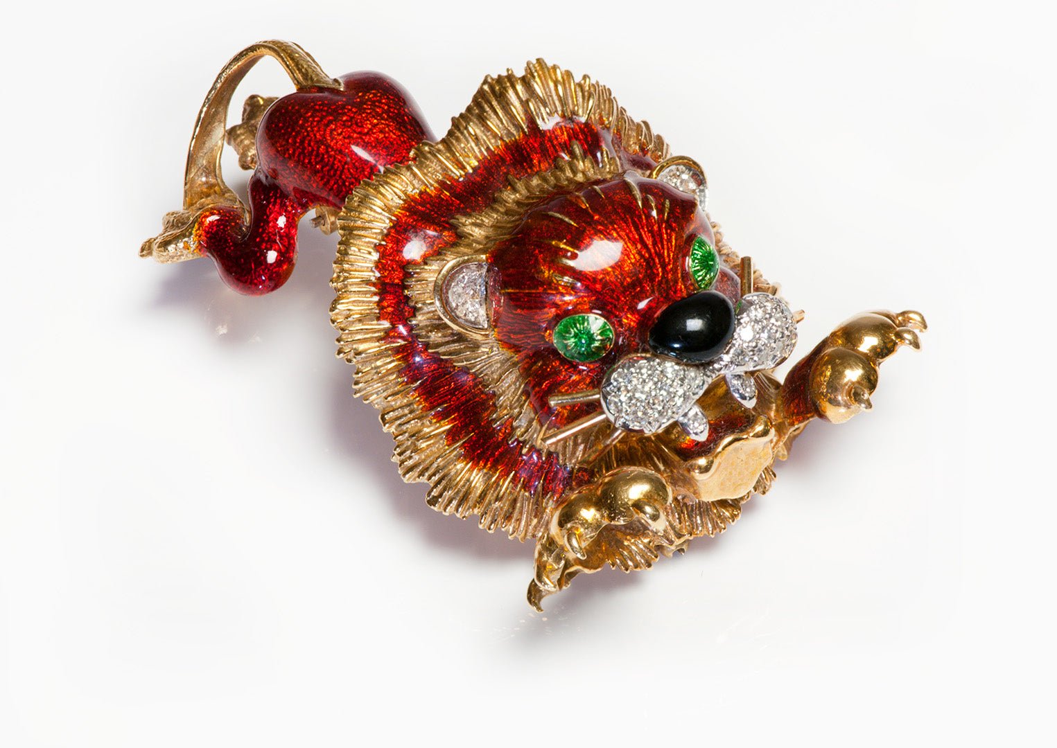 Hammerman Brothers 18K Gold Enamel Diamond Lion Brooch