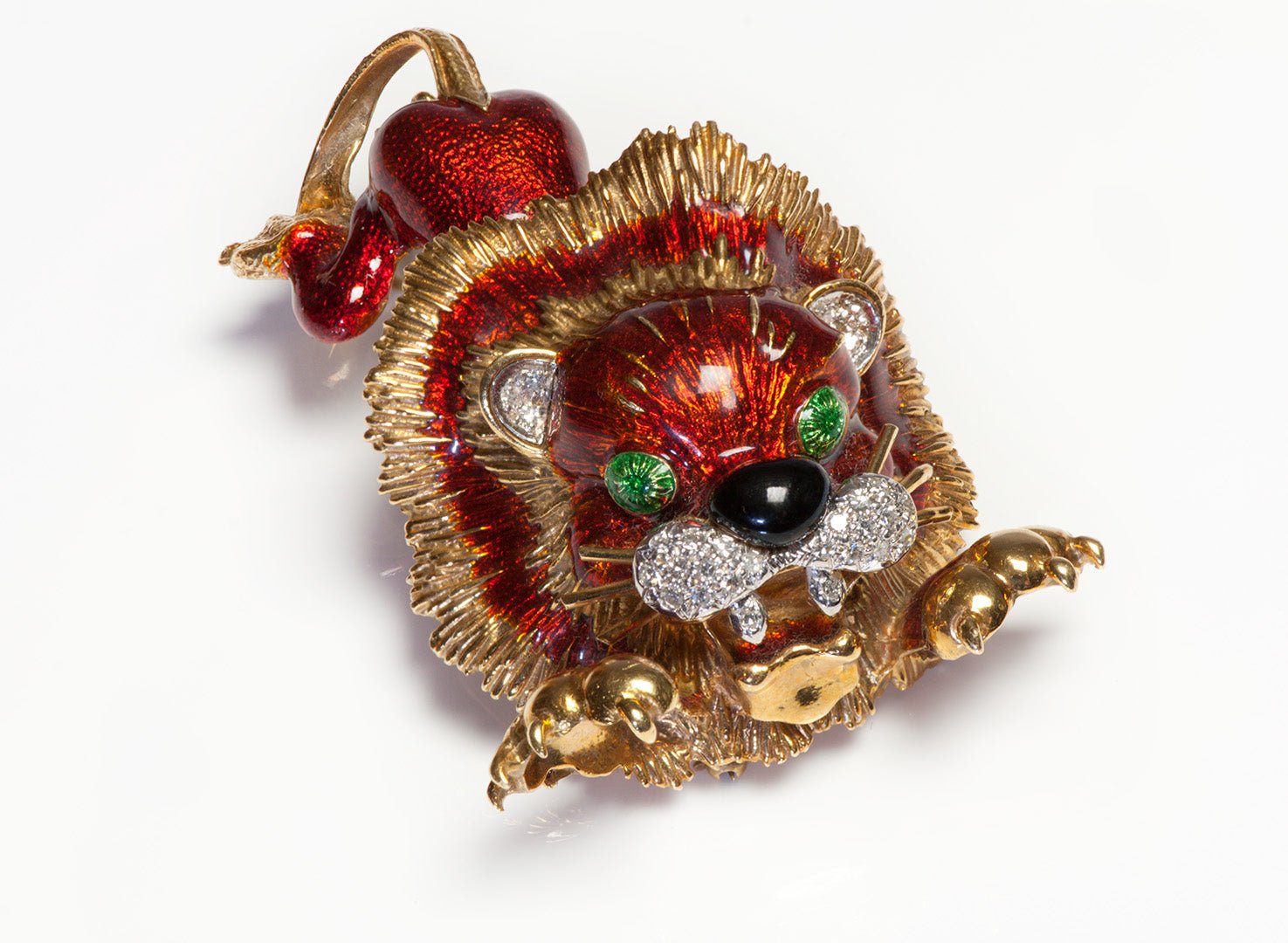 Hammerman Brothers 18K Gold Enamel Diamond Lion Brooch