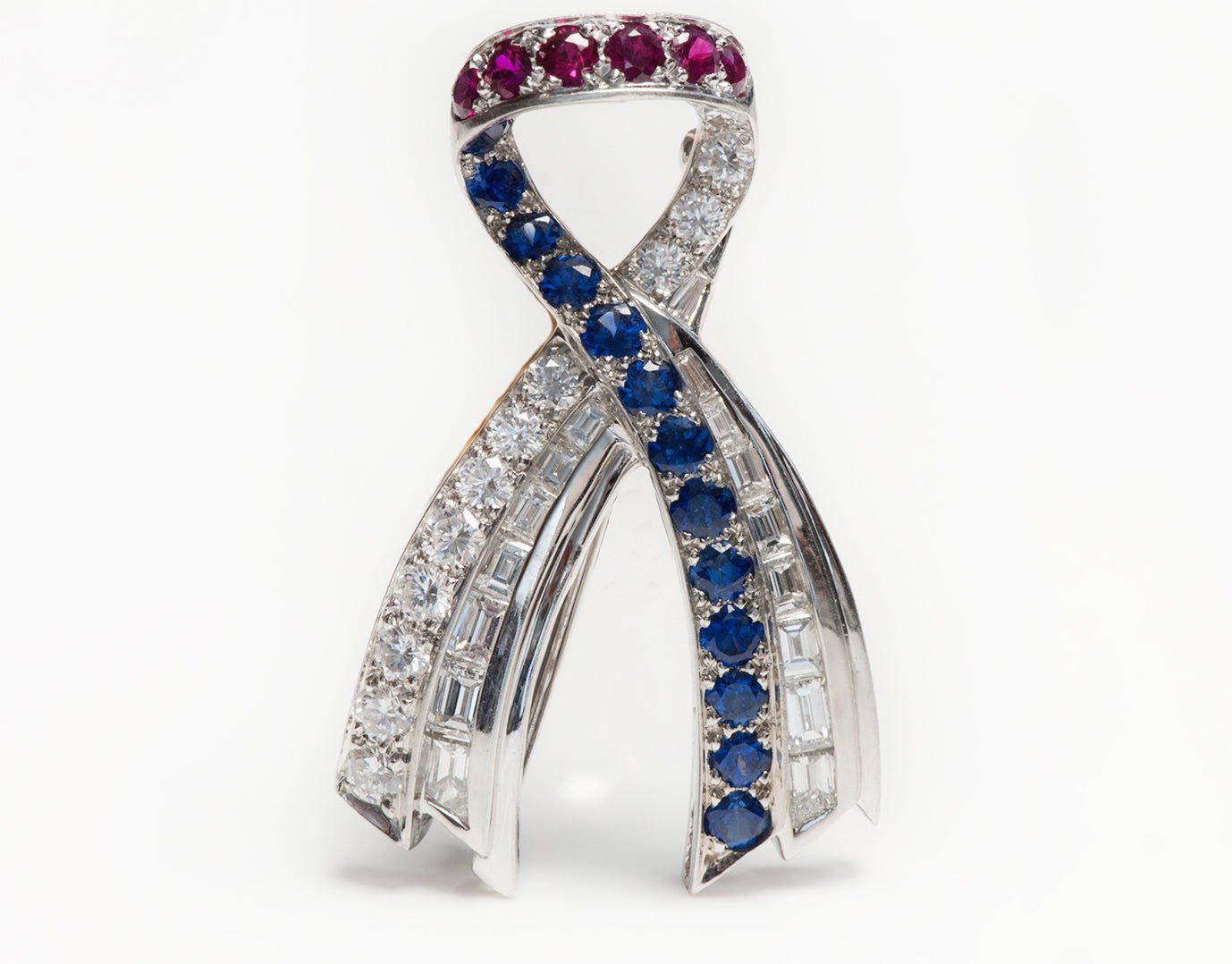 Harry Winston Diamond Sapphire Ruby Platinum Ribbon Brooch