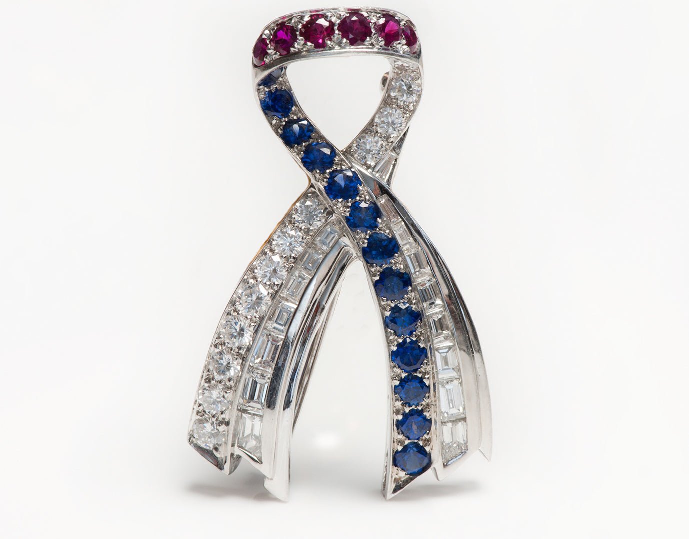 Harry Winston Diamond Sapphire Ruby Platinum Ribbon Brooch
