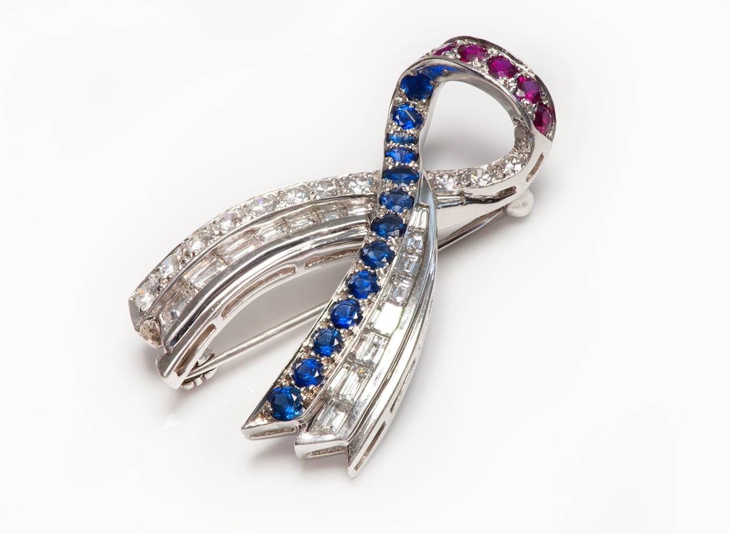 Harry Winston Diamond Sapphire Ruby Platinum Ribbon Brooch