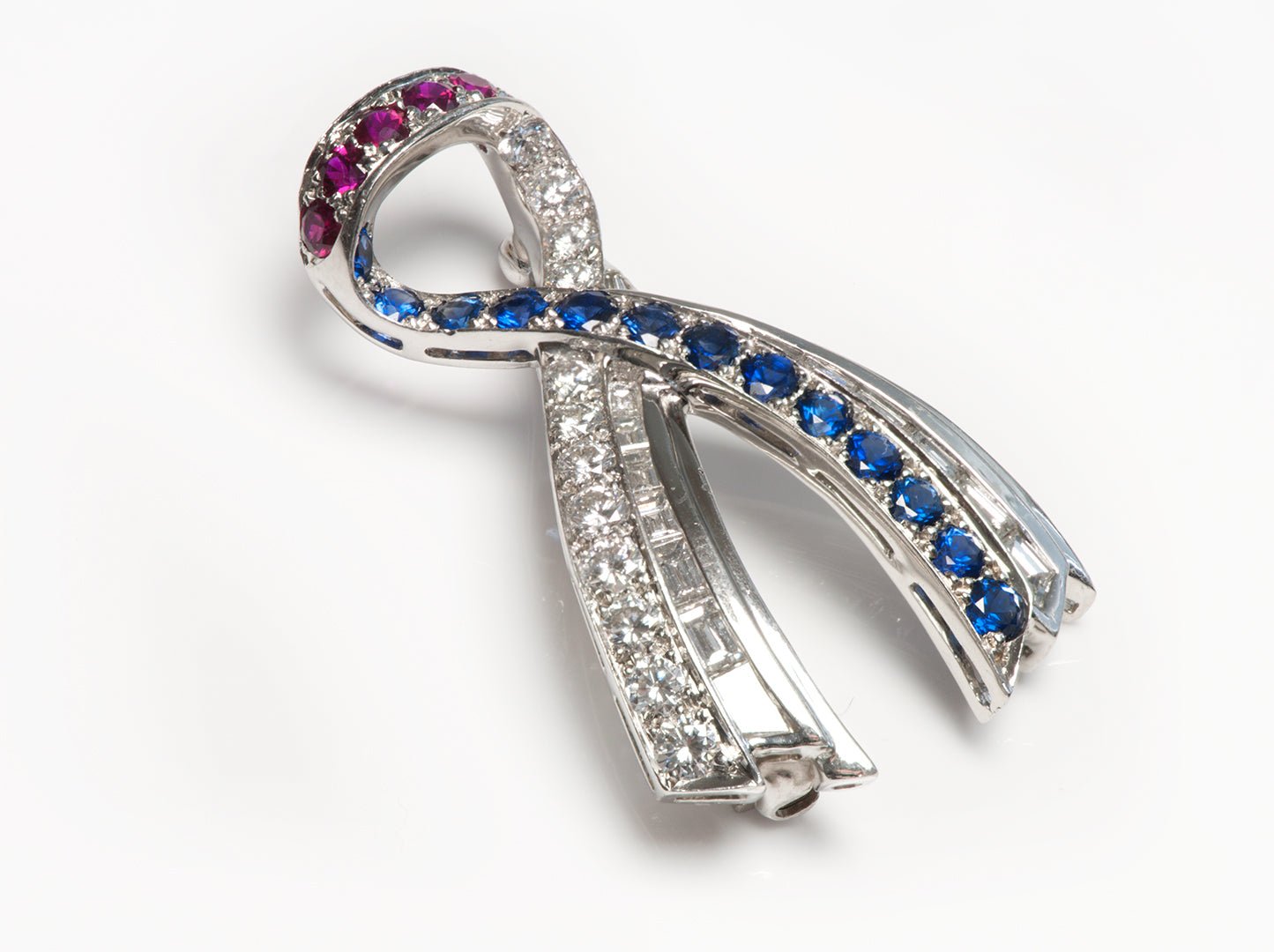 Harry Winston Diamond Sapphire Ruby Platinum Ribbon Brooch
