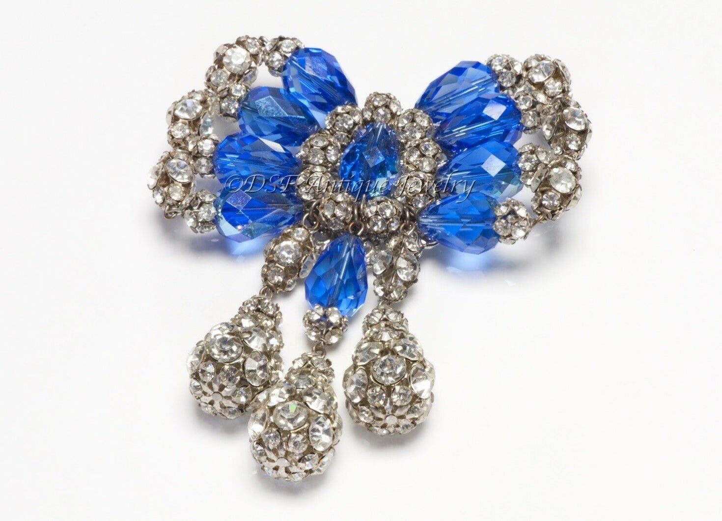 Hattie Carnegie 1950’s Blue Crystal Beads Large Bow Tassel Brooch