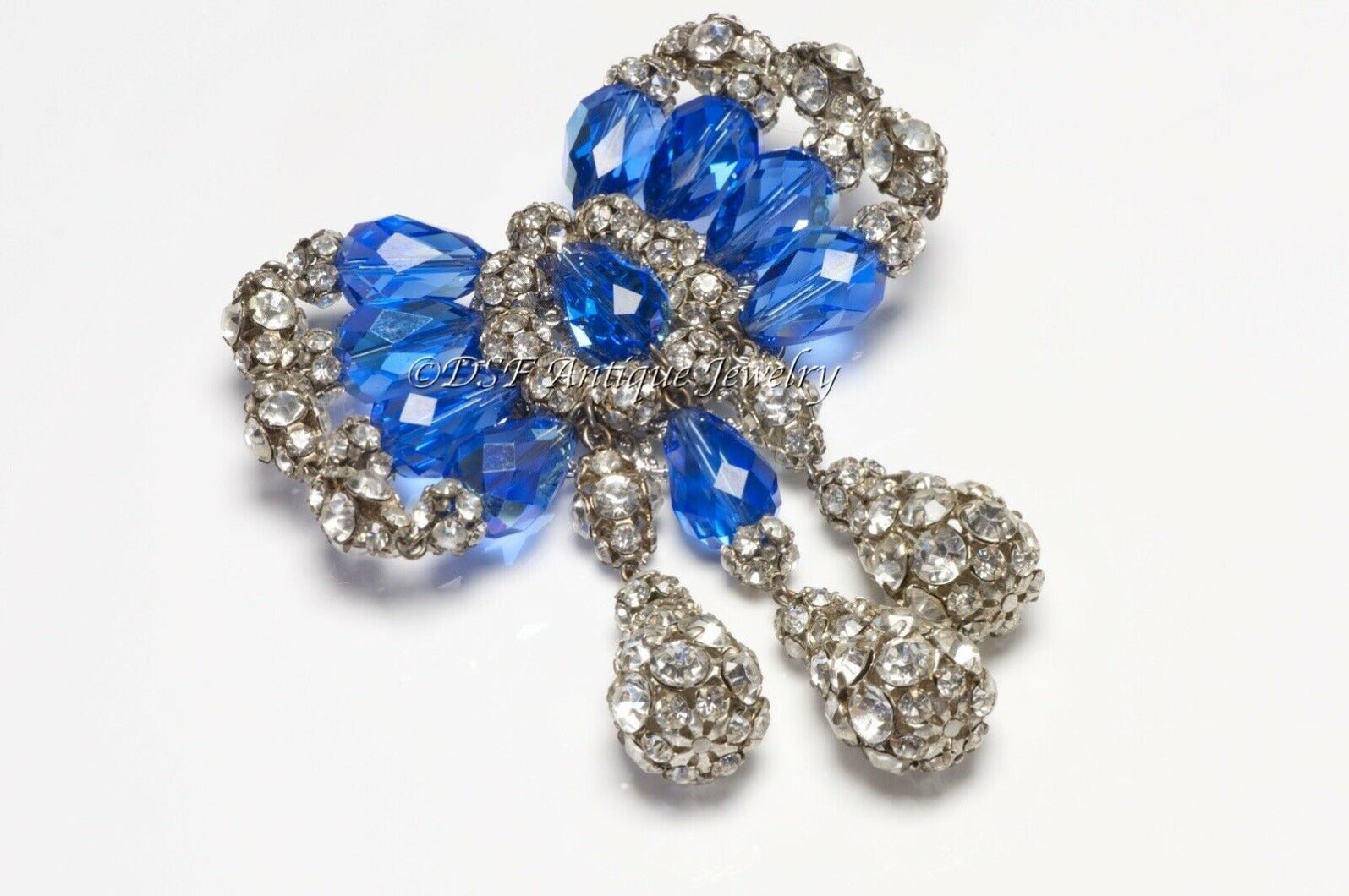 Hattie Carnegie 1950’s Blue Crystal Beads Large Bow Tassel Brooch