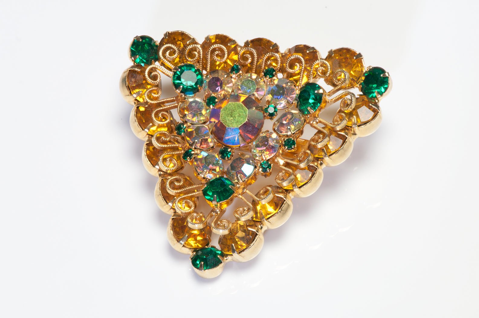 Hattie Carnegie 1950’s Green Yellow Aurora Borealis Crystal Brooch Earrings Set