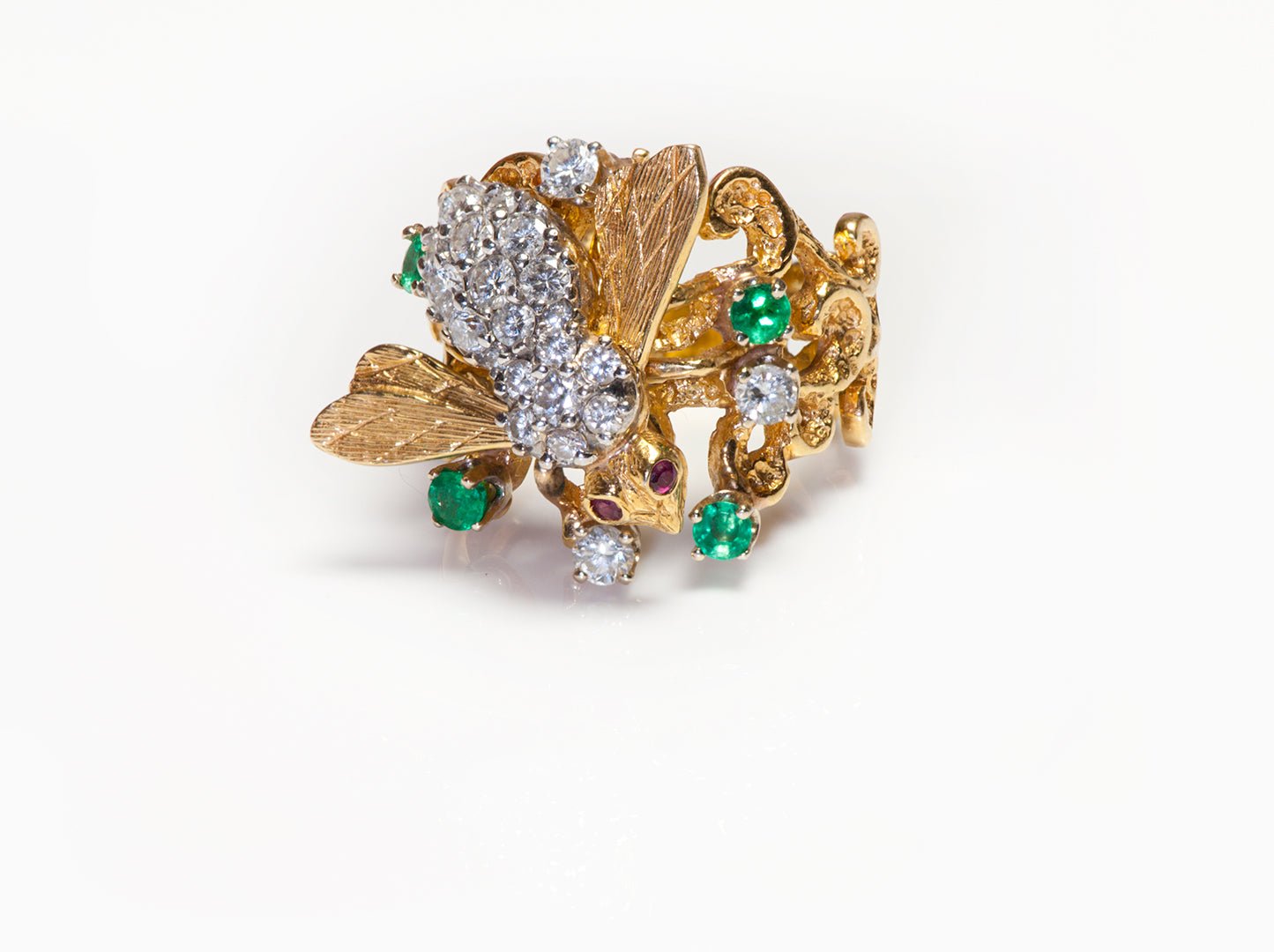 Herbert Rosenthal 18K Gold Diamond Emerald Ruby Bee Ring