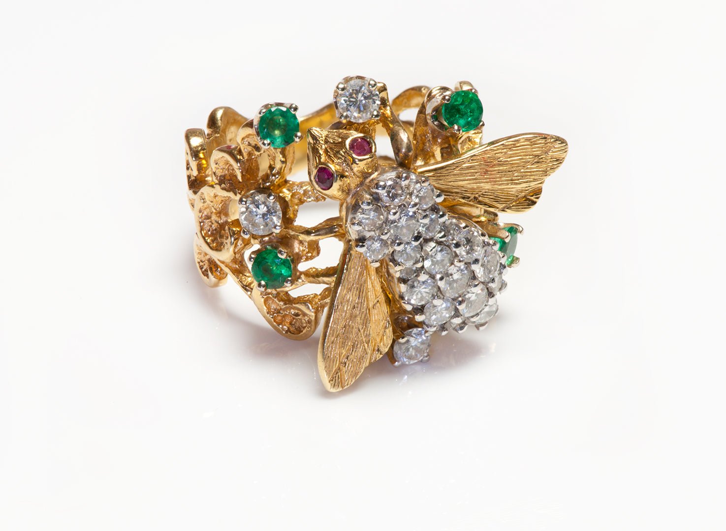 Herbert Rosenthal 18K Gold Diamond Emerald Ruby Bee Ring