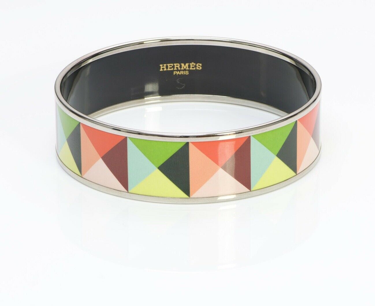 HERMES “Clous en Trompe l’Oeil” Palladium Plated Pyramid Enamel Bangle Bracelet