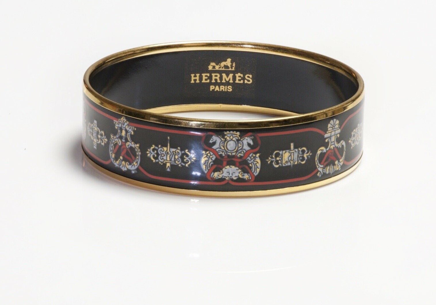 HERMES Gold Plated Black Red Enamel Equestrian Bangle Bracelet