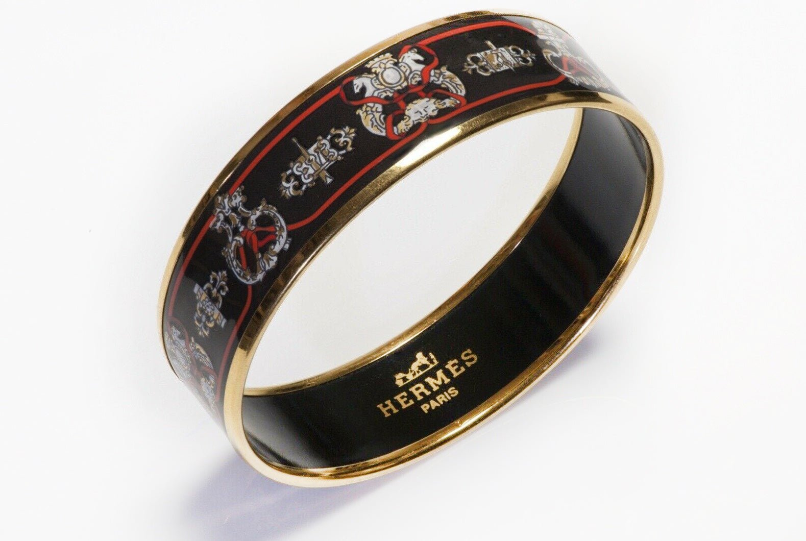 HERMES Gold Plated Black Red Enamel Equestrian Bangle Bracelet