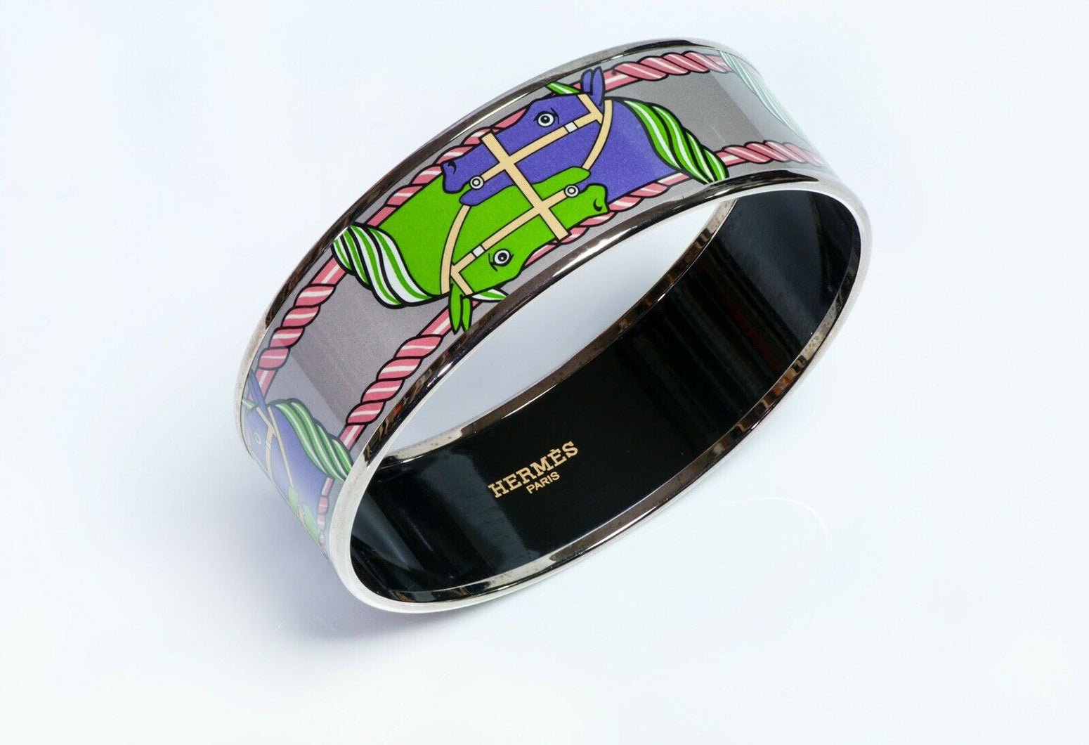 HERMES Green Purple Enamel Equestrian Bangle Bracelet