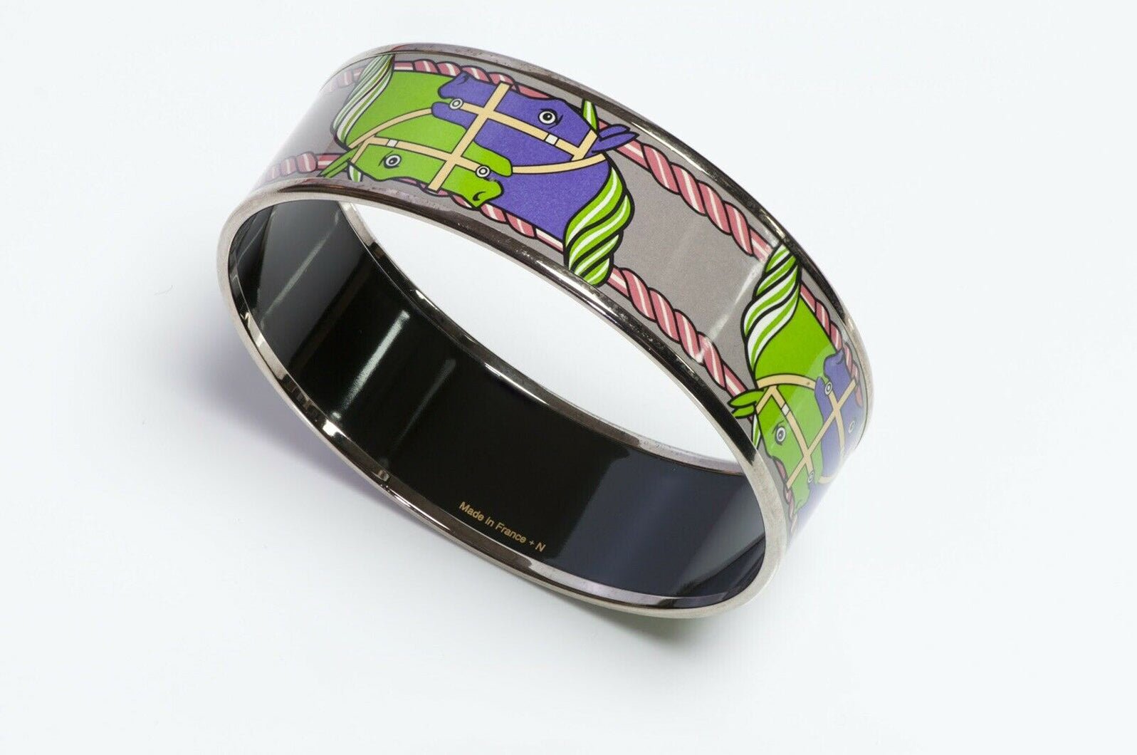 HERMES Green Purple Enamel Equestrian Bangle Bracelet