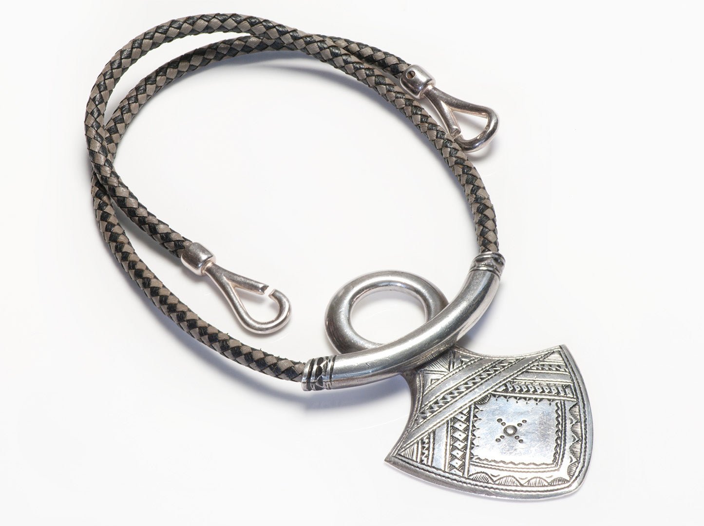 Hermes Paris 1990’s Touareg Sterling Silver Leather Pendant Necklace