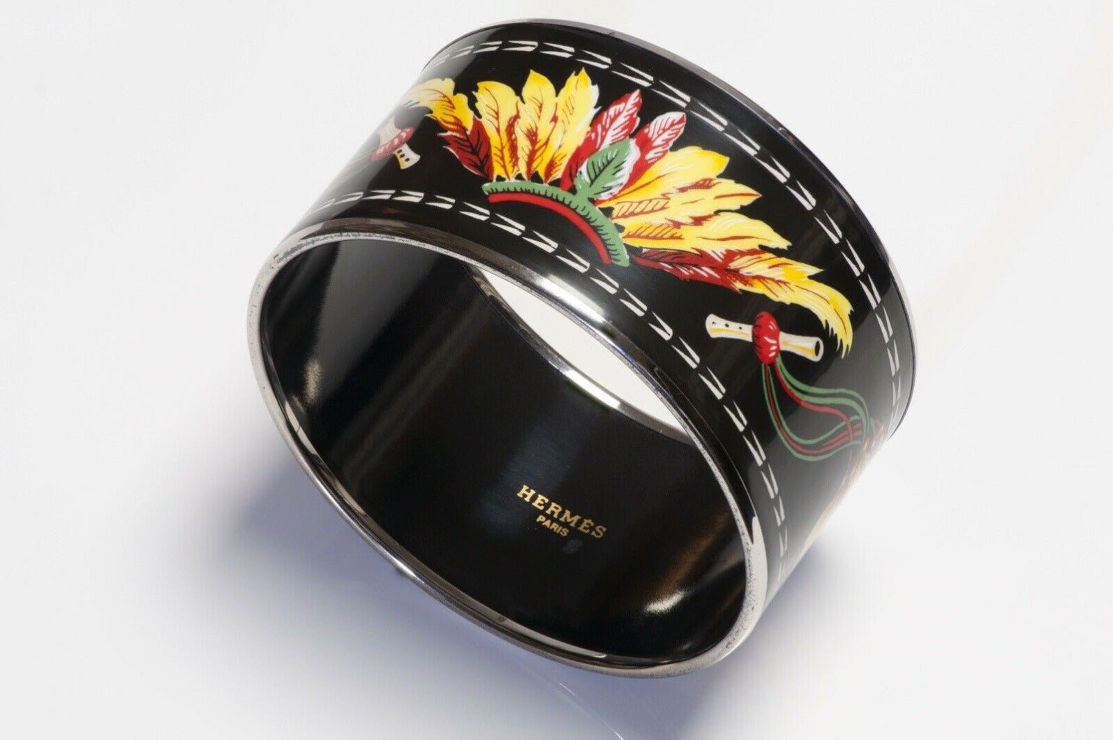 HERMES Paris Brazil Extra Wide Black Red Enamel Bangle Bracelet