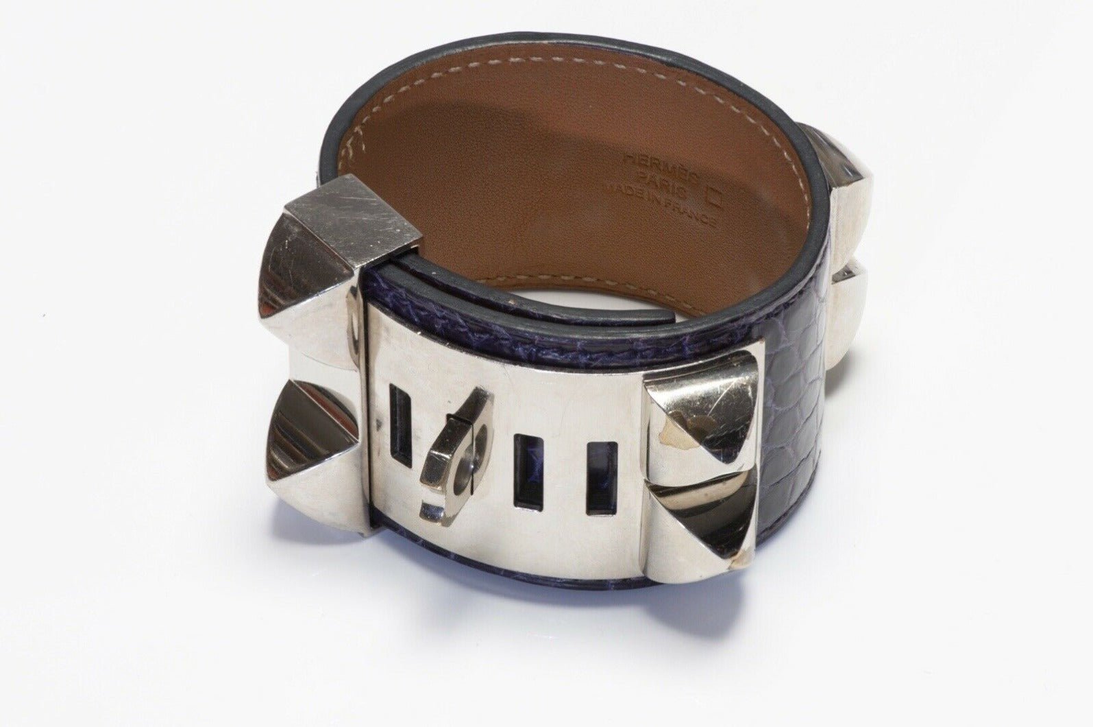 HERMES Paris Collier de Chien Purple Alligator Cuff Bracelet