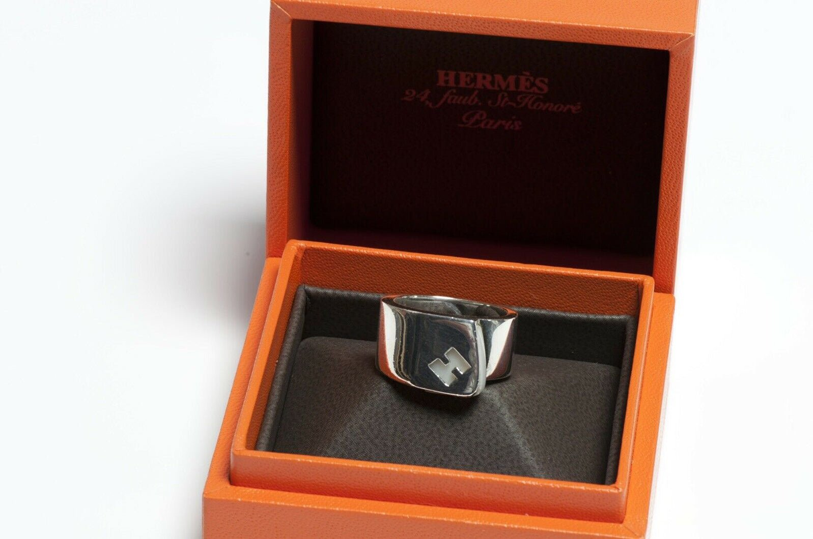 HERMES Paris H Sterling Silver White Enamel Ring
