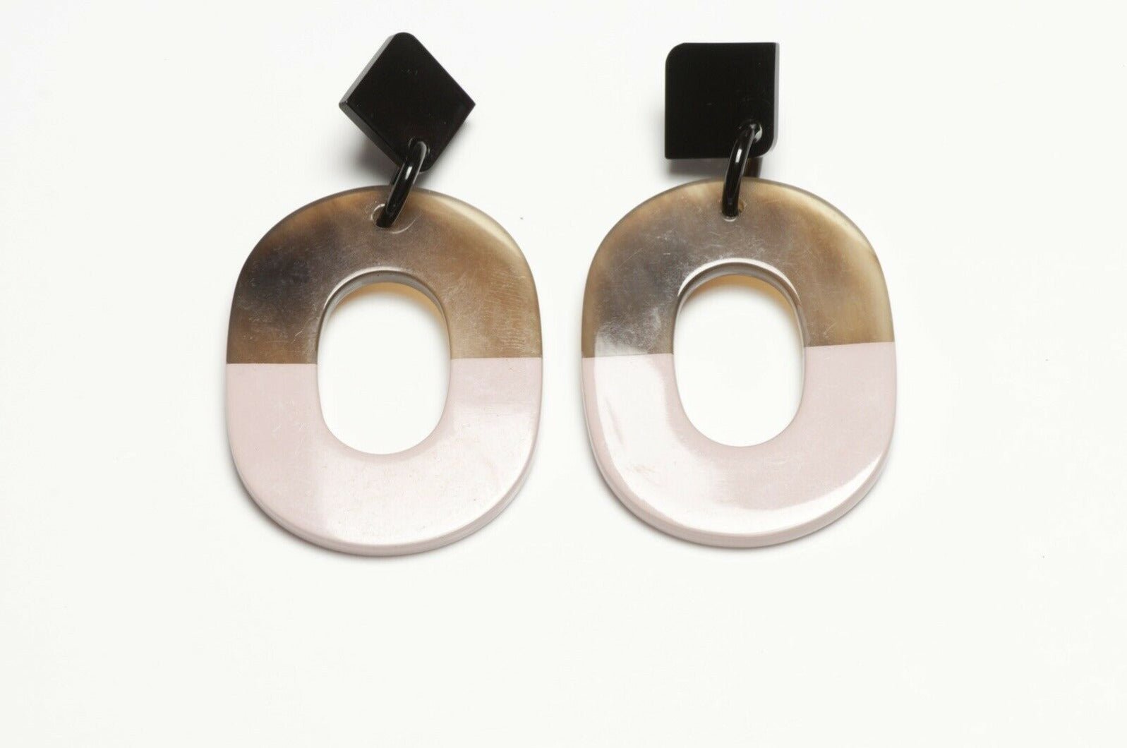 HERMES Paris Long Brown Horn Pink Lacquer Drop Earrings