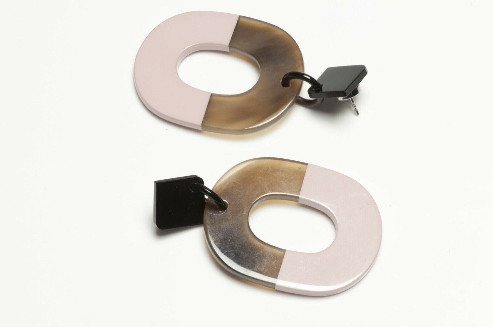 HERMES Paris Long Brown Horn Pink Lacquer Drop Earrings