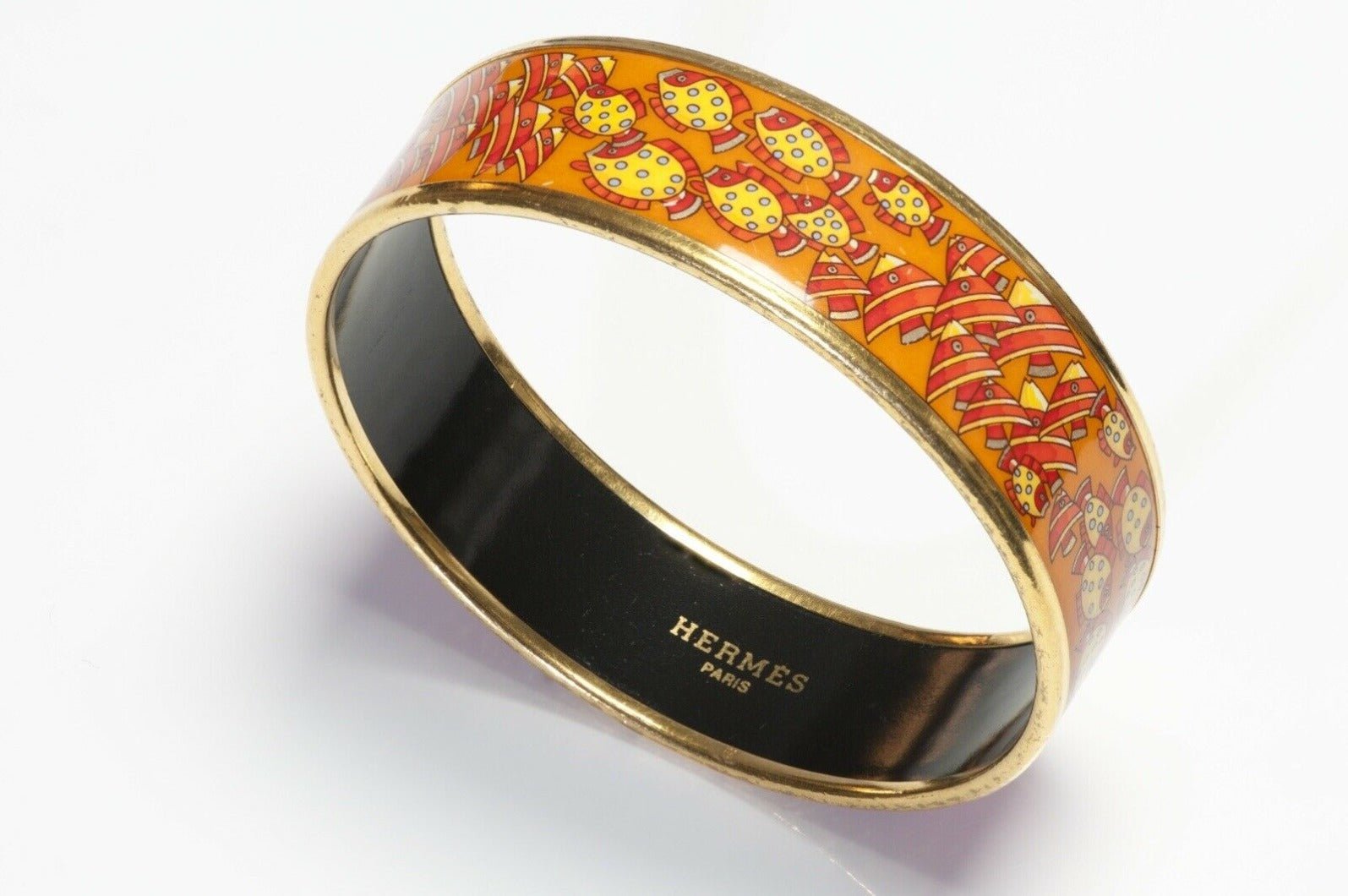 HERMES Paris Orange Enamel Fish Pattern Bangle Bracelet