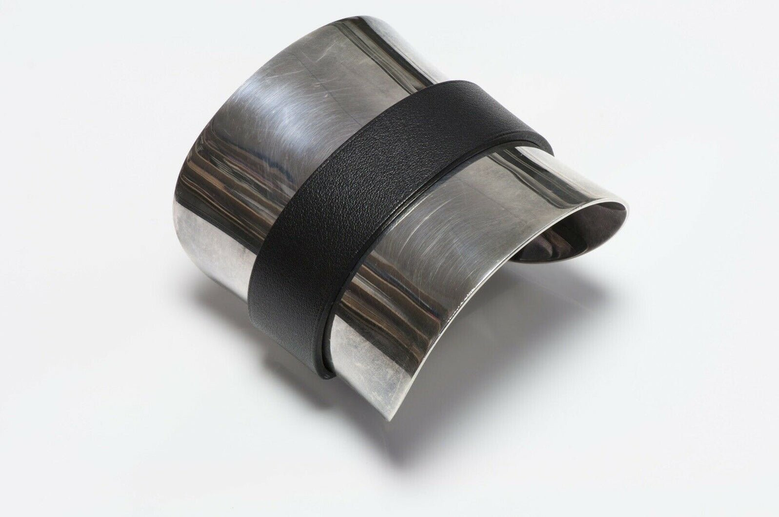 HERMES Paris Sterling Silver Leather Cuff Bracelet