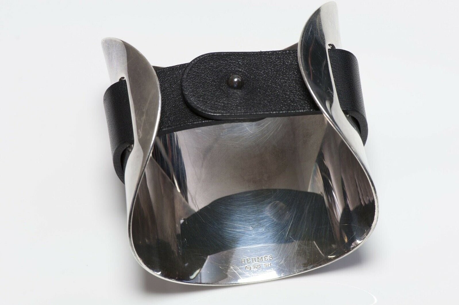 HERMES Paris Sterling Silver Leather Cuff Bracelet