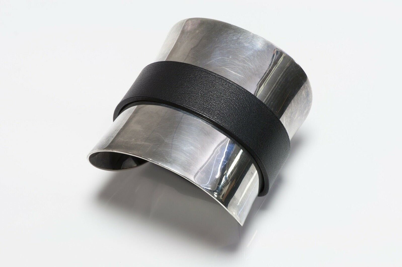 HERMES Paris Sterling Silver Leather Cuff Bracelet