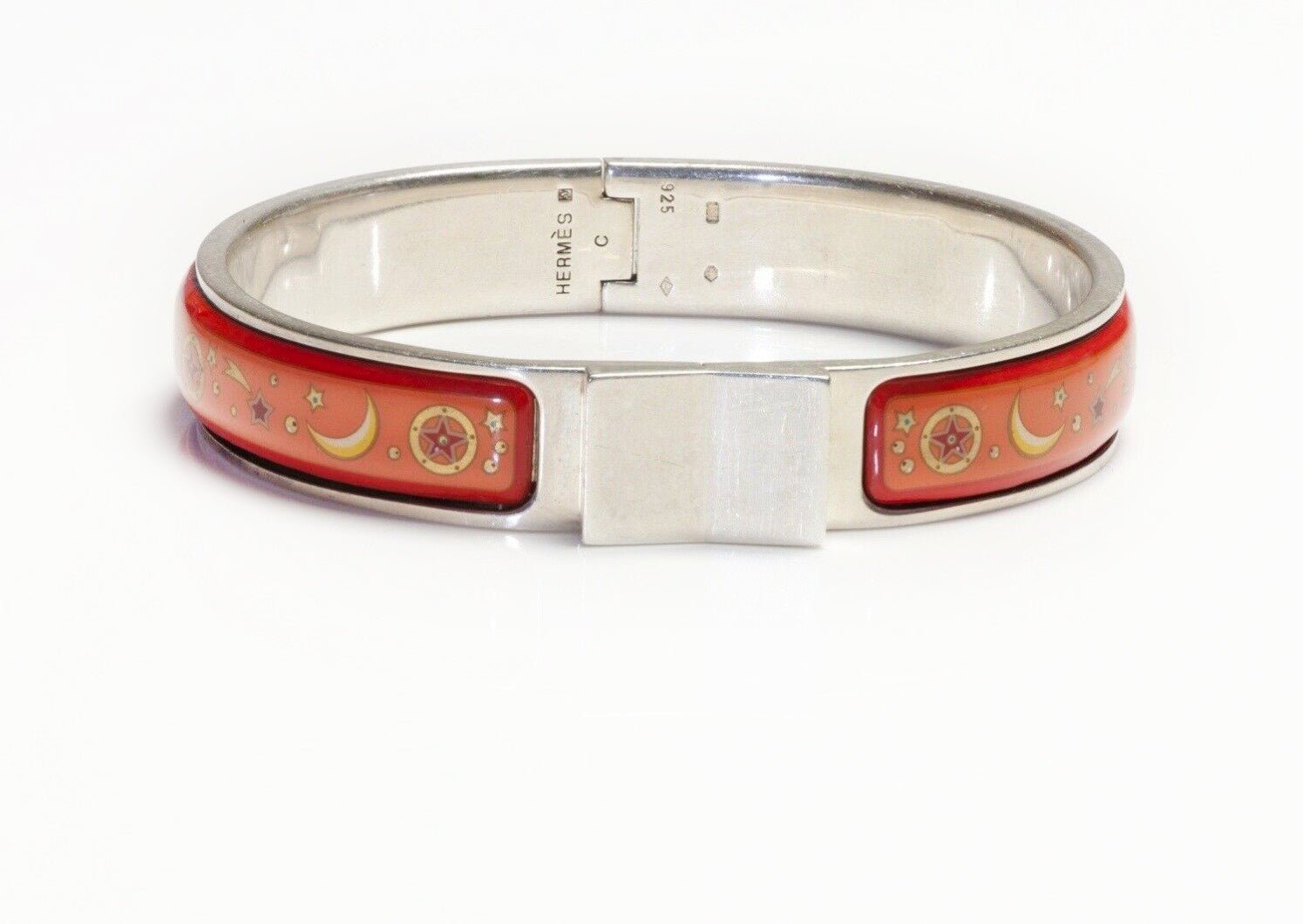 HERMES Paris Sterling Silver Orange Enamel Clic Clac Bangle Bracelet