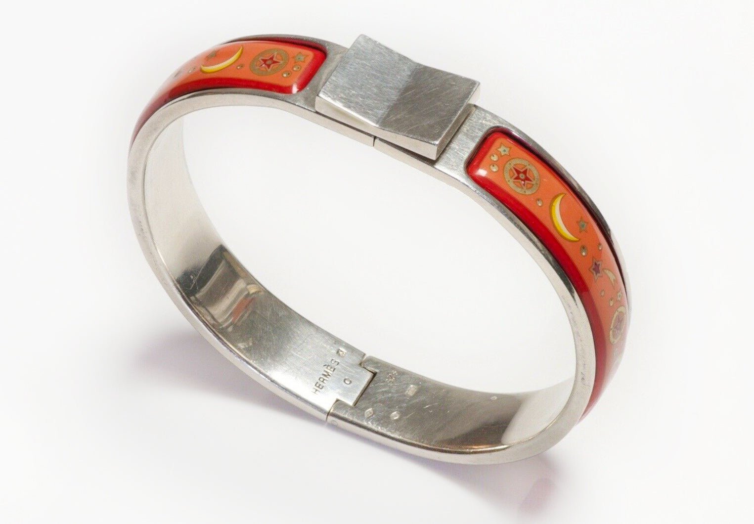 HERMES Paris Sterling Silver Orange Enamel Clic Clac Bangle Bracelet