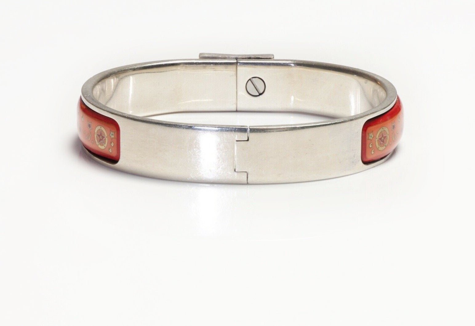 HERMES Paris Sterling Silver Orange Enamel Clic Clac Bangle Bracelet