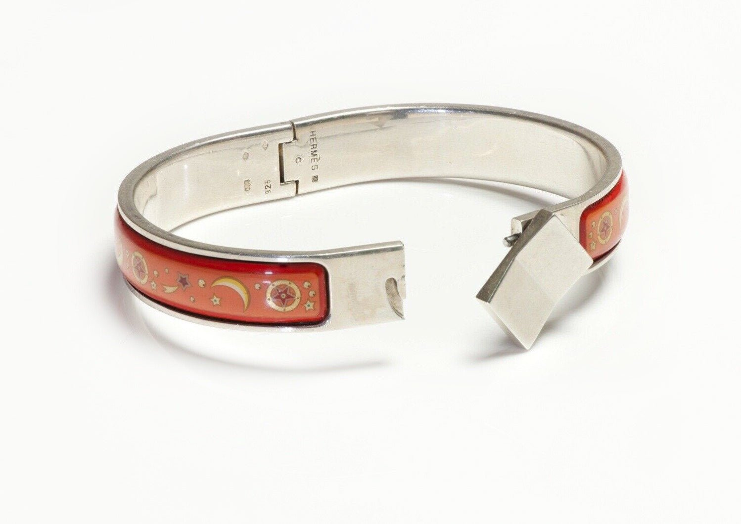 HERMES Paris Sterling Silver Orange Enamel Clic Clac Bangle Bracelet