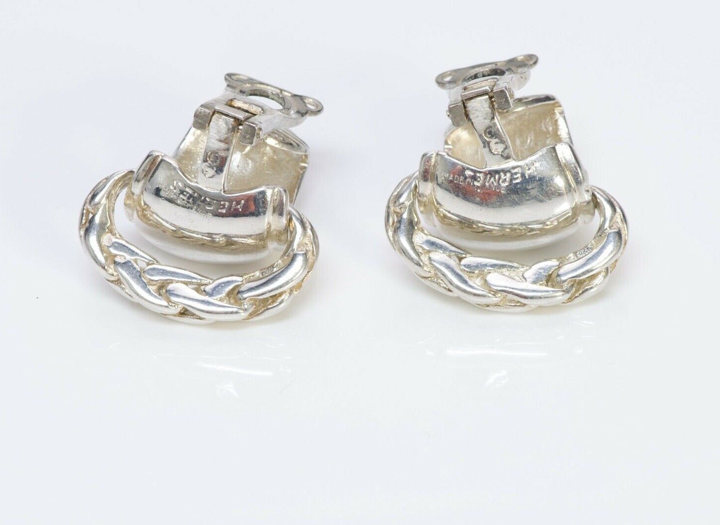 HERMES PARIS Sterling Silver Rope Clip Earrings