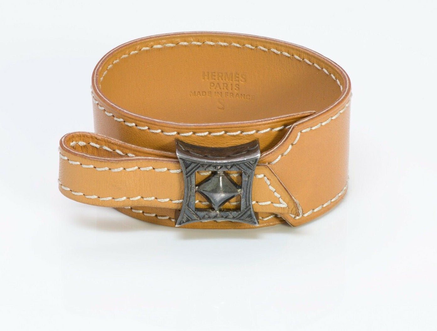 HERMES Paris TOUAREG Brown Leather Sterling Silver Bracelet
