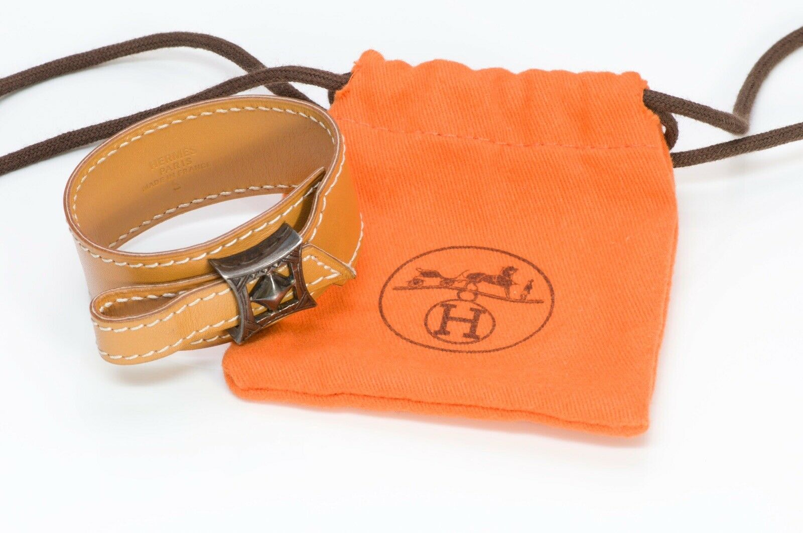 HERMES Paris TOUAREG Brown Leather Sterling Silver Bracelet
