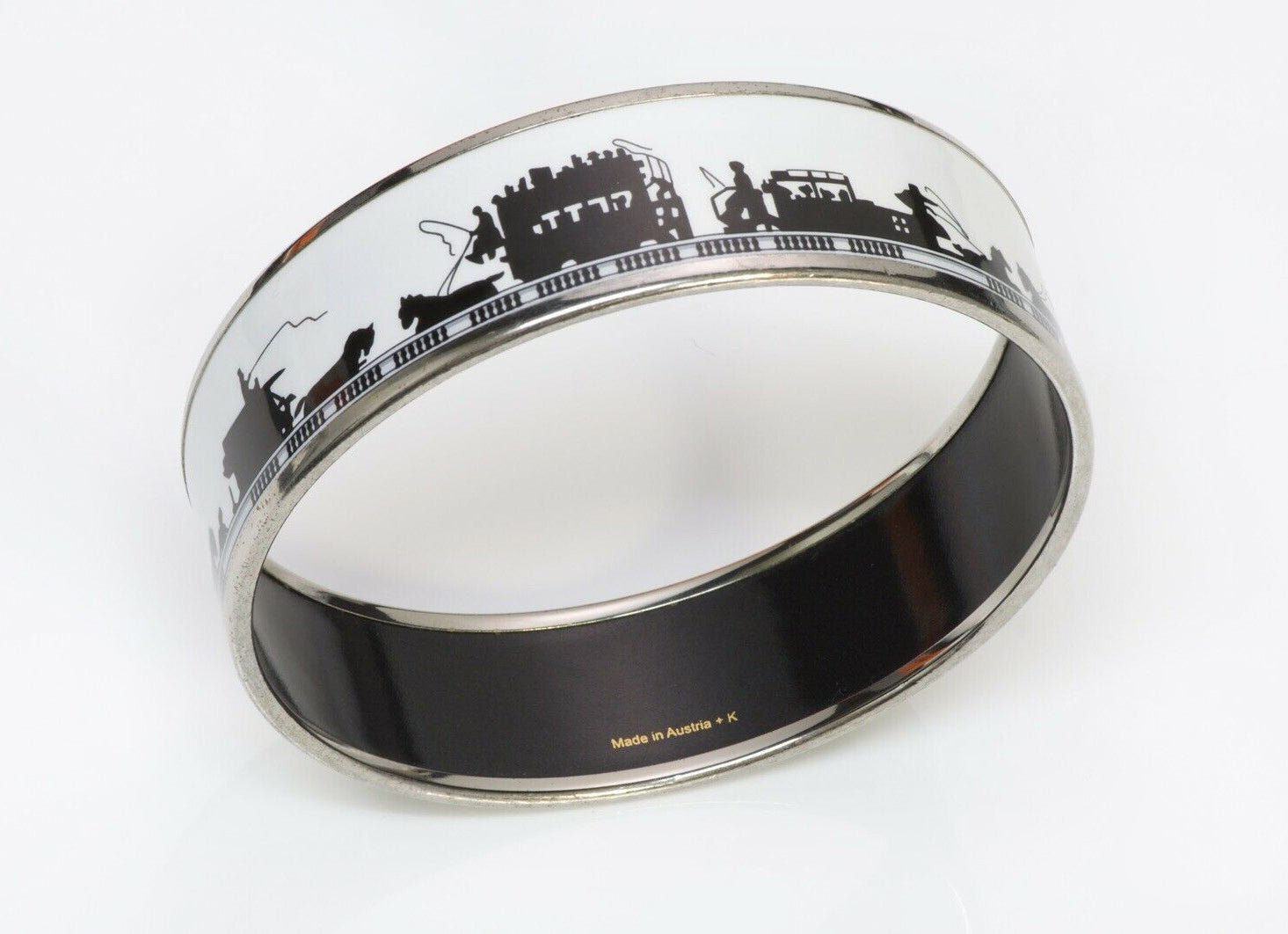 HERMES Paris Wide Black White Enamel Carriage Equestrian Bangle Bracelet