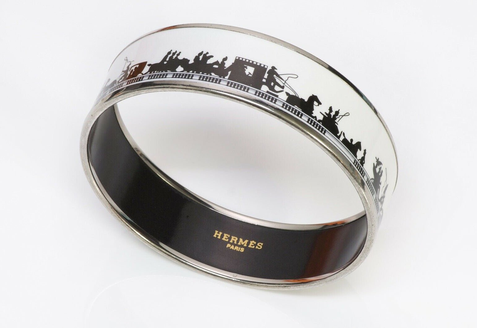 HERMES Paris Wide Black White Enamel Carriage Equestrian Bangle Bracelet