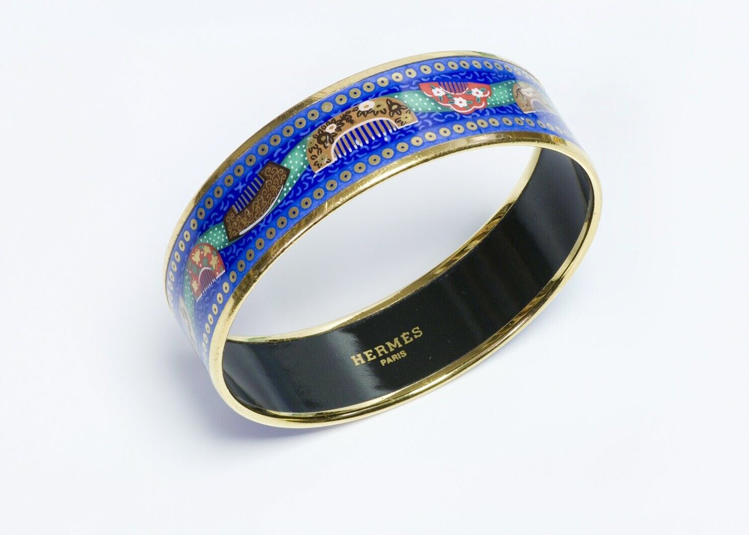 HERMES Paris Wide Blue Enamel Comb Pattern Bangle Bracelet