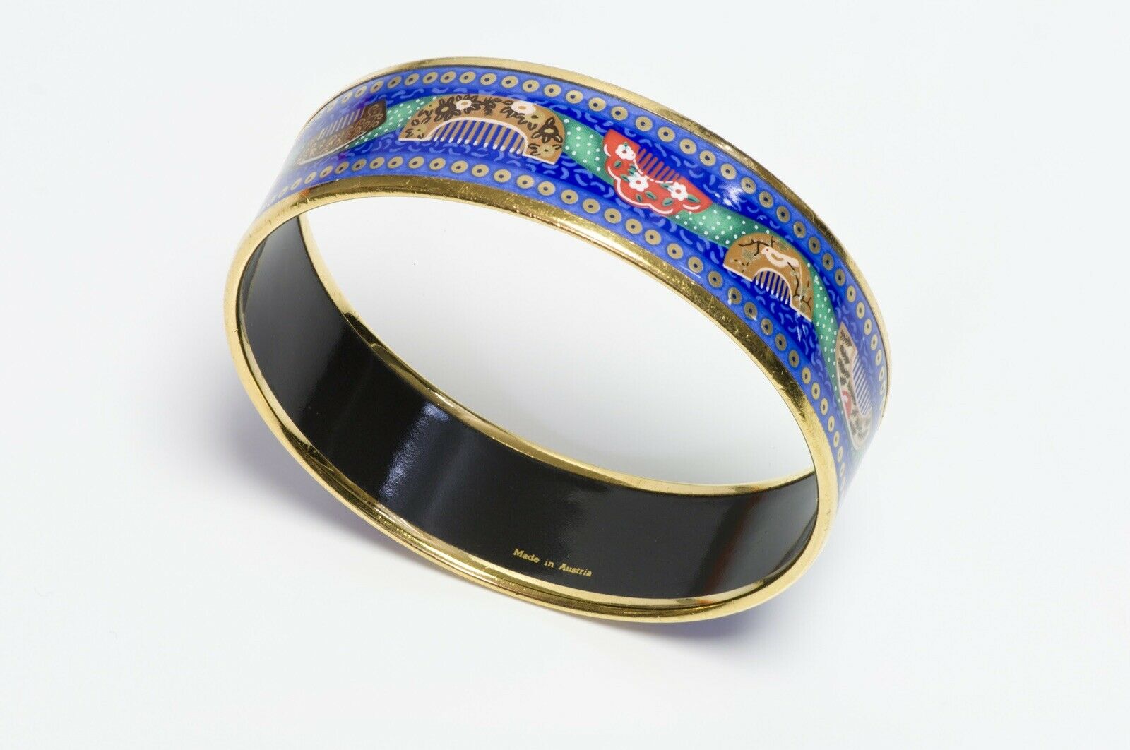 HERMES Paris Wide Blue Enamel Comb Pattern Bangle Bracelet