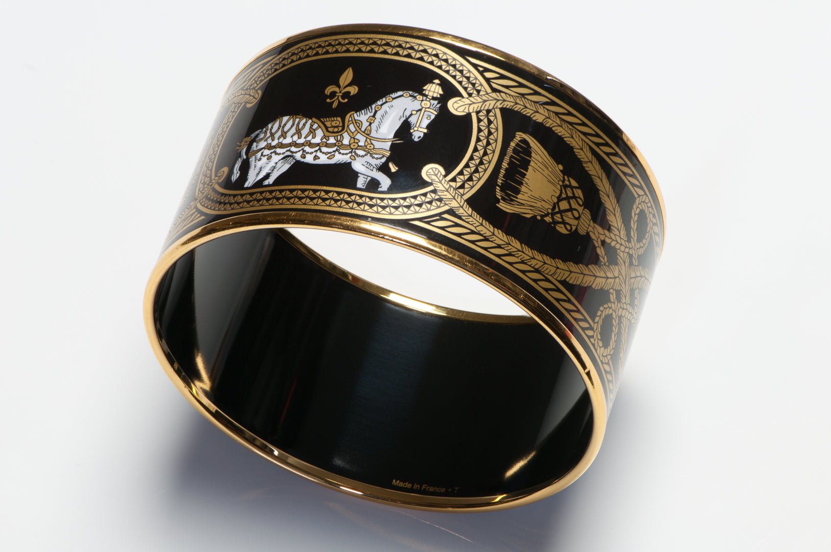 Hermes Paris Wide Gold Plated Black Enamel Horse Equestrian Bangle Bracelet