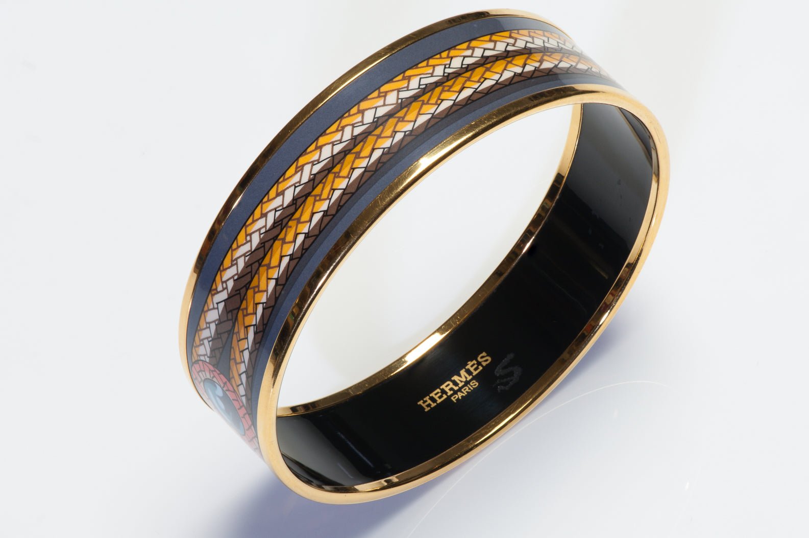 Hermes Paris Wide Gold Plated Gray Red Enamel Rope Bangle Bracelet