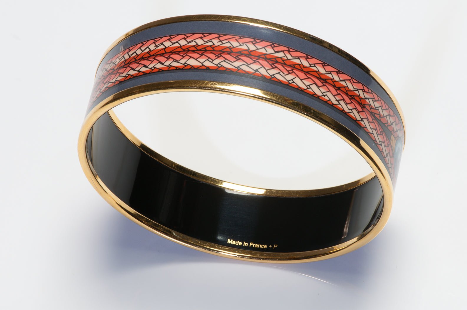 Hermes Paris Wide Gold Plated Gray Red Enamel Rope Bangle Bracelet