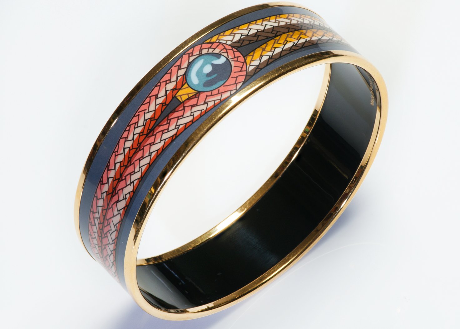 Hermes Paris Wide Gold Plated Gray Red Enamel Rope Bangle Bracelet