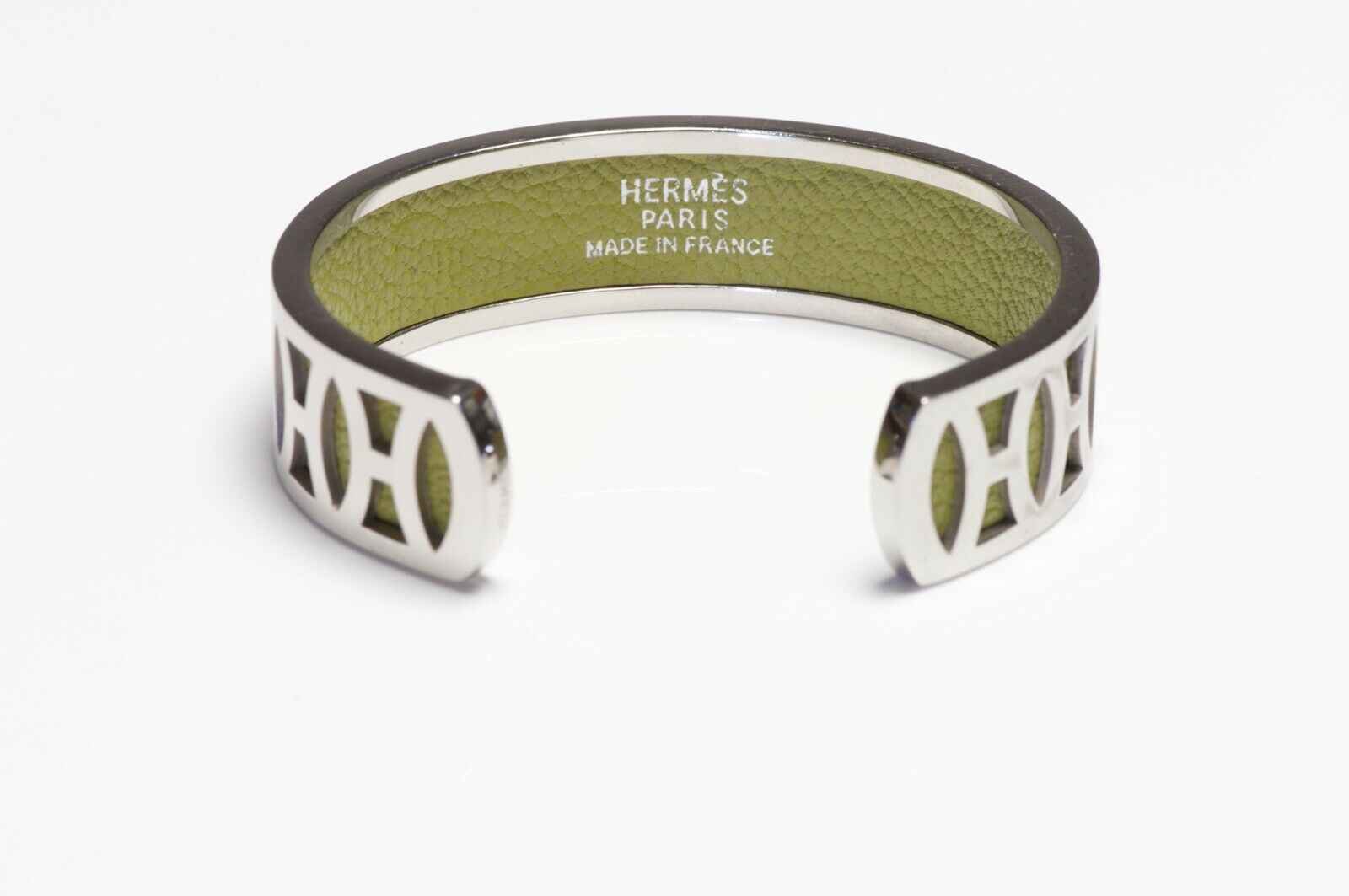 HERMES Paris Wide H Palladium Plated Green Leather Cuff Bracelet