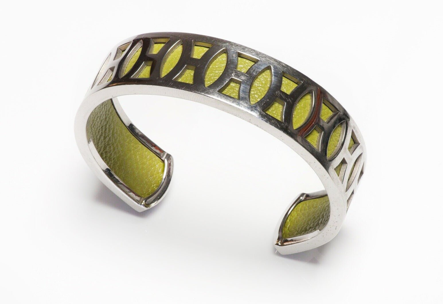 HERMES Paris Wide H Palladium Plated Green Leather Cuff Bracelet