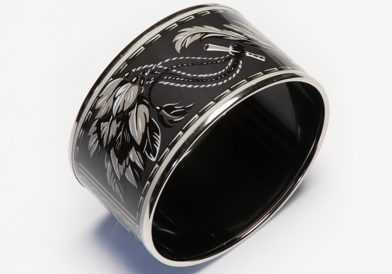 Hermes Paris Wide Palladium Plated Brazil Black White Enamel Bangle Bracelet
