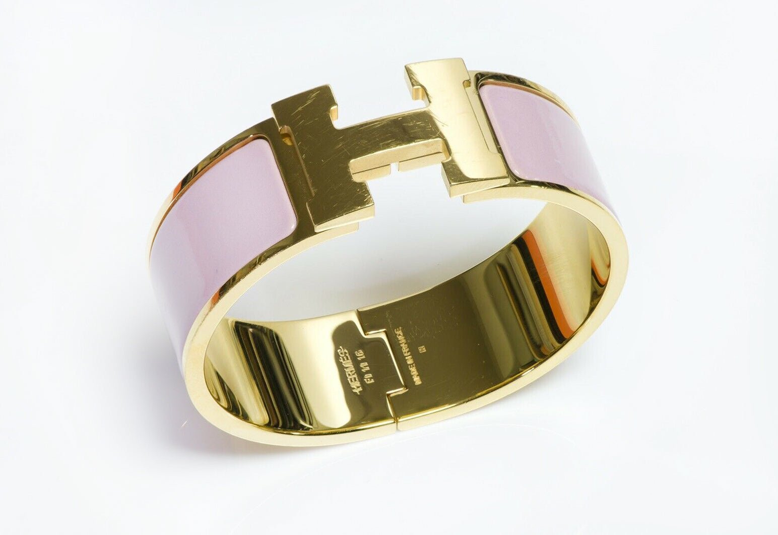 HERMES Paris Wide Pink Enamel H Clic Clac Bangle Bracelet PM