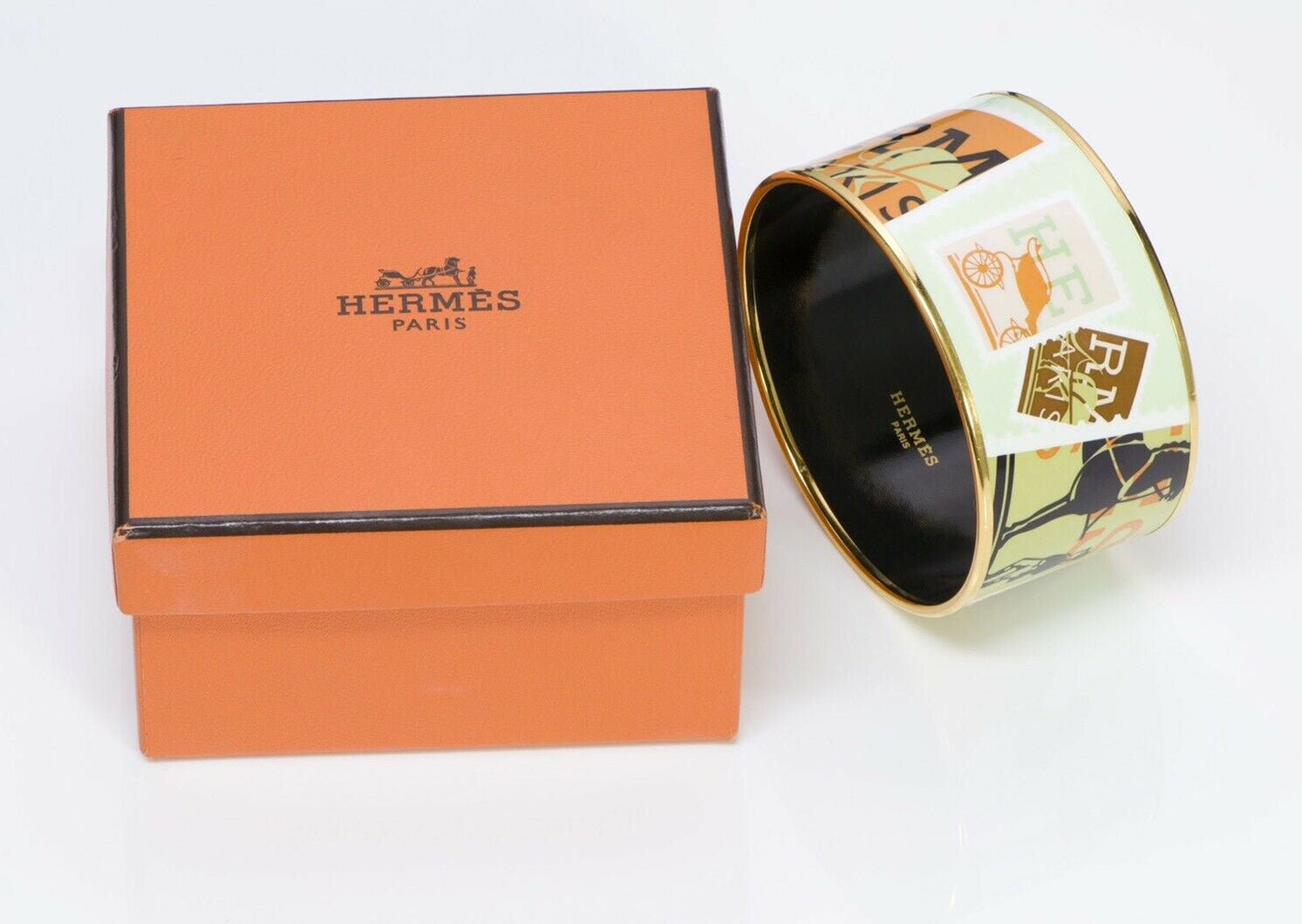 HERMES Paris Wide Stamps Theme Logo Enamel Bangle Bracelet